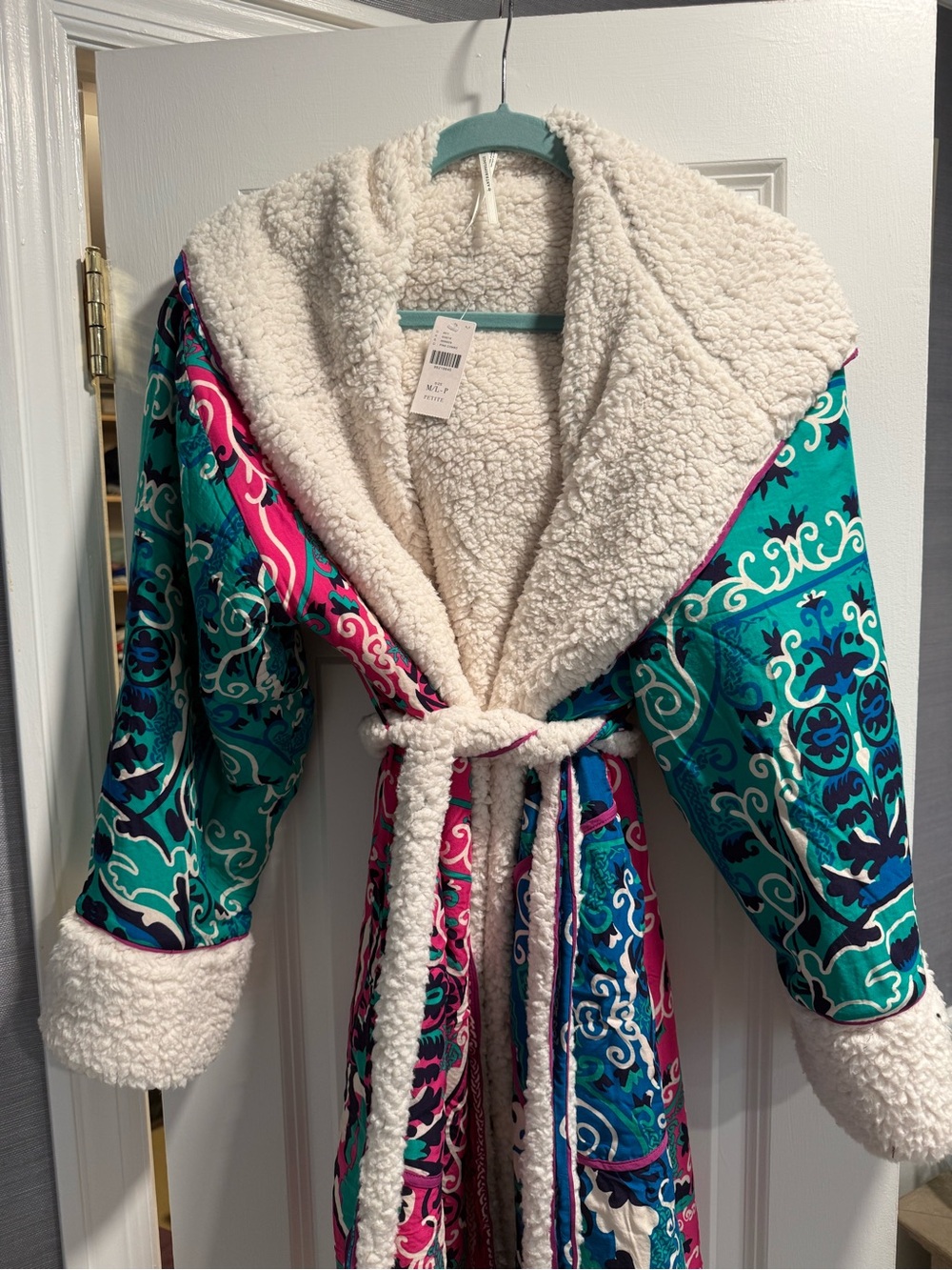 Anthropologie Teal & Magenta Patterned Sherpa-Lined Robe